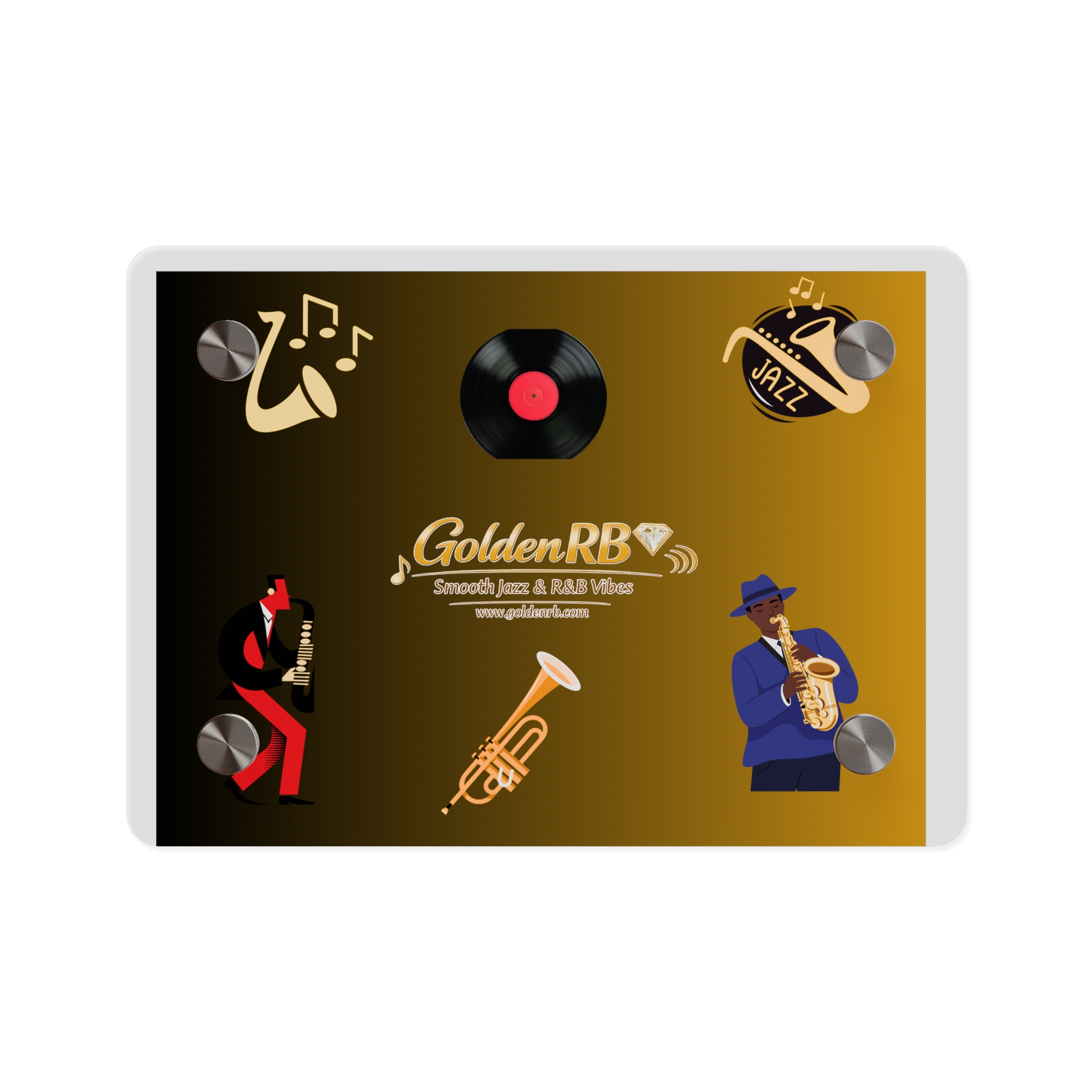 Golden Jazz Acrylic Wall Art Panel – GoldenRB Smooth Jazz & R&B Radio Decor – Modern Music Studio Wall Art – Luxury Gold Music Lover Gift