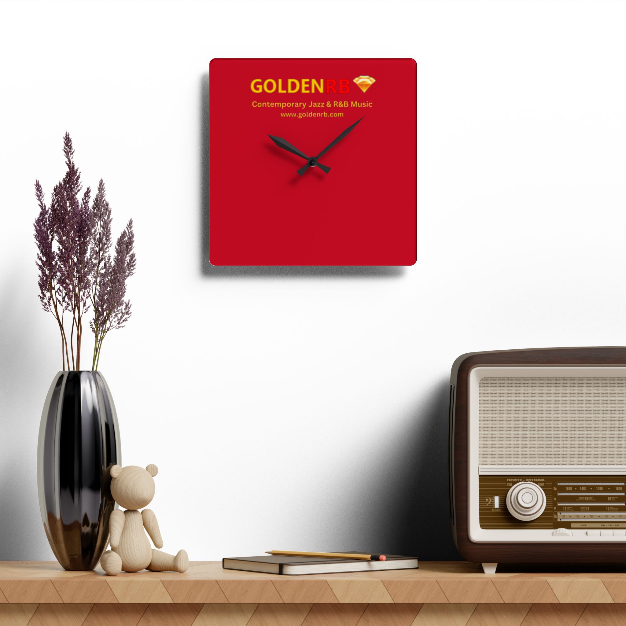 GoldenRB Logo Acrylic Wall Clock | Red Black Gold Home Decor