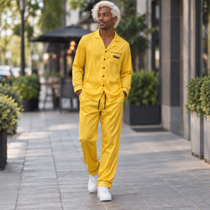 Yellow Satin Pajama Set for Women GoldenRB Luxury Silk Style Sleepwear Elegant Loungewear