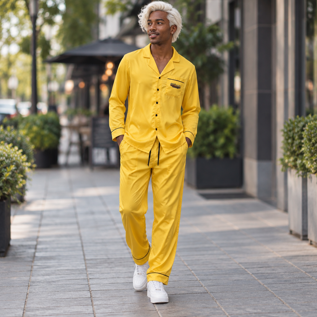 Yellow Satin Pajama Set for Women GoldenRB Luxury Silk Style Sleepwear Elegant Loungewear